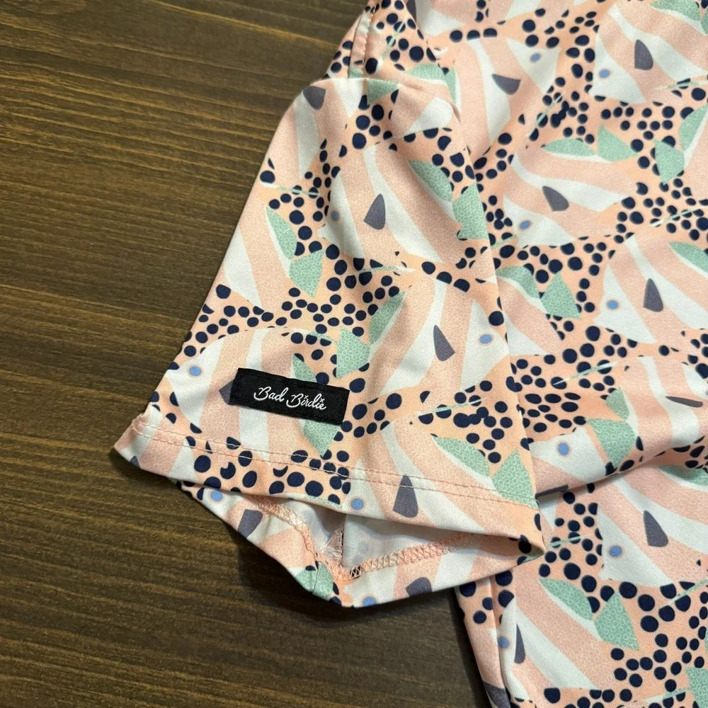 Bad Birdie Polo Top Women's Medium Golf Fish Polka Dot Full Graphic Activewear